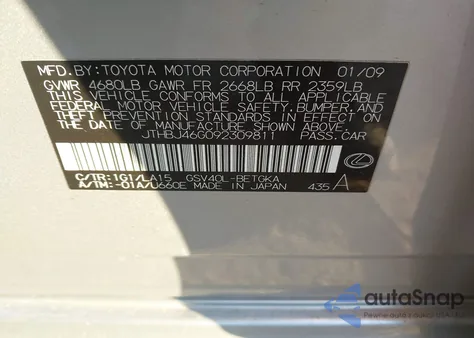 2009 Lexus Es 350 из США, поврежденный, VIN JTHBJ46G092309811